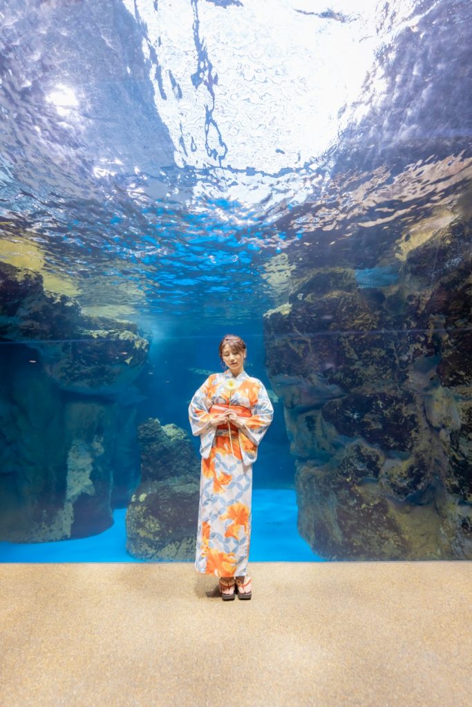 京都水族館　ペンギンの水槽　夢館浴衣レンタル